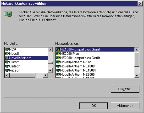 Netzwerkkarte auswählen