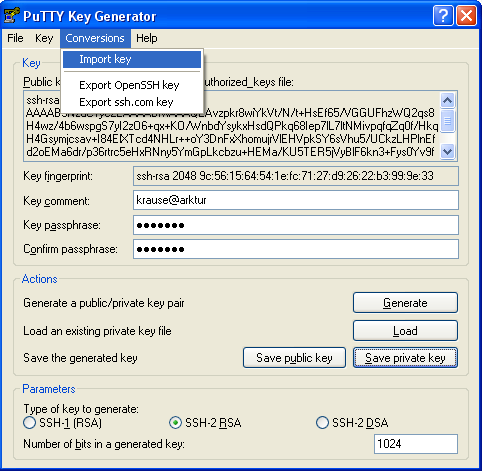 Windows - PuTTYgen importiert Schlüssel