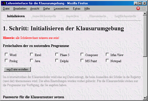 Initialisierung der Klausurumgebung