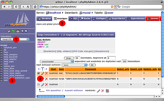 MySQL - Benutzer root in der Datenbank mysql bearbeiten